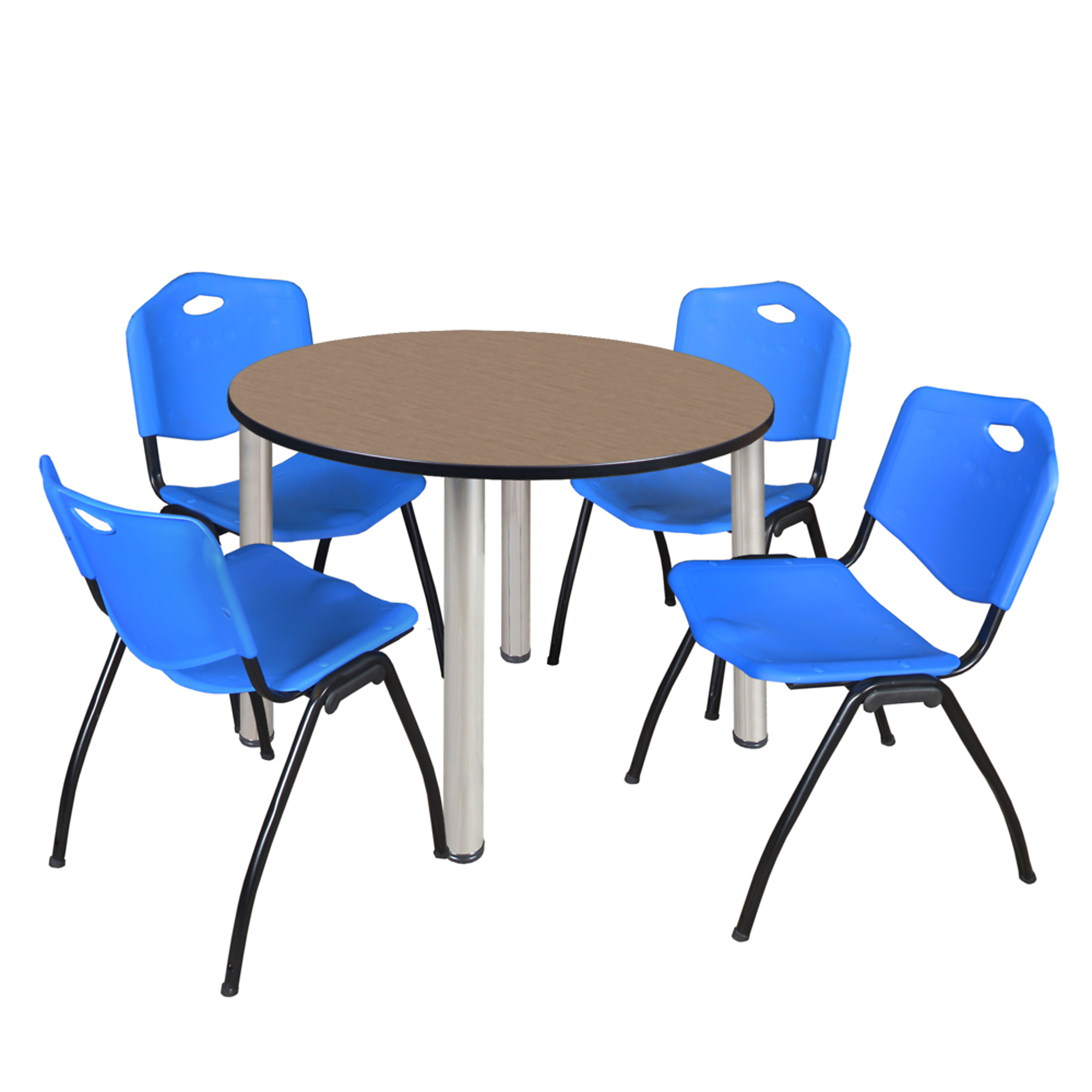 Regency Kee Round Breakroom Table with Stack Chairs — 42in., Noble Oak/Chrome, Includes 4 Blue 'M' Stack Chairs, Model# TB42RNDNOBPCM47BE